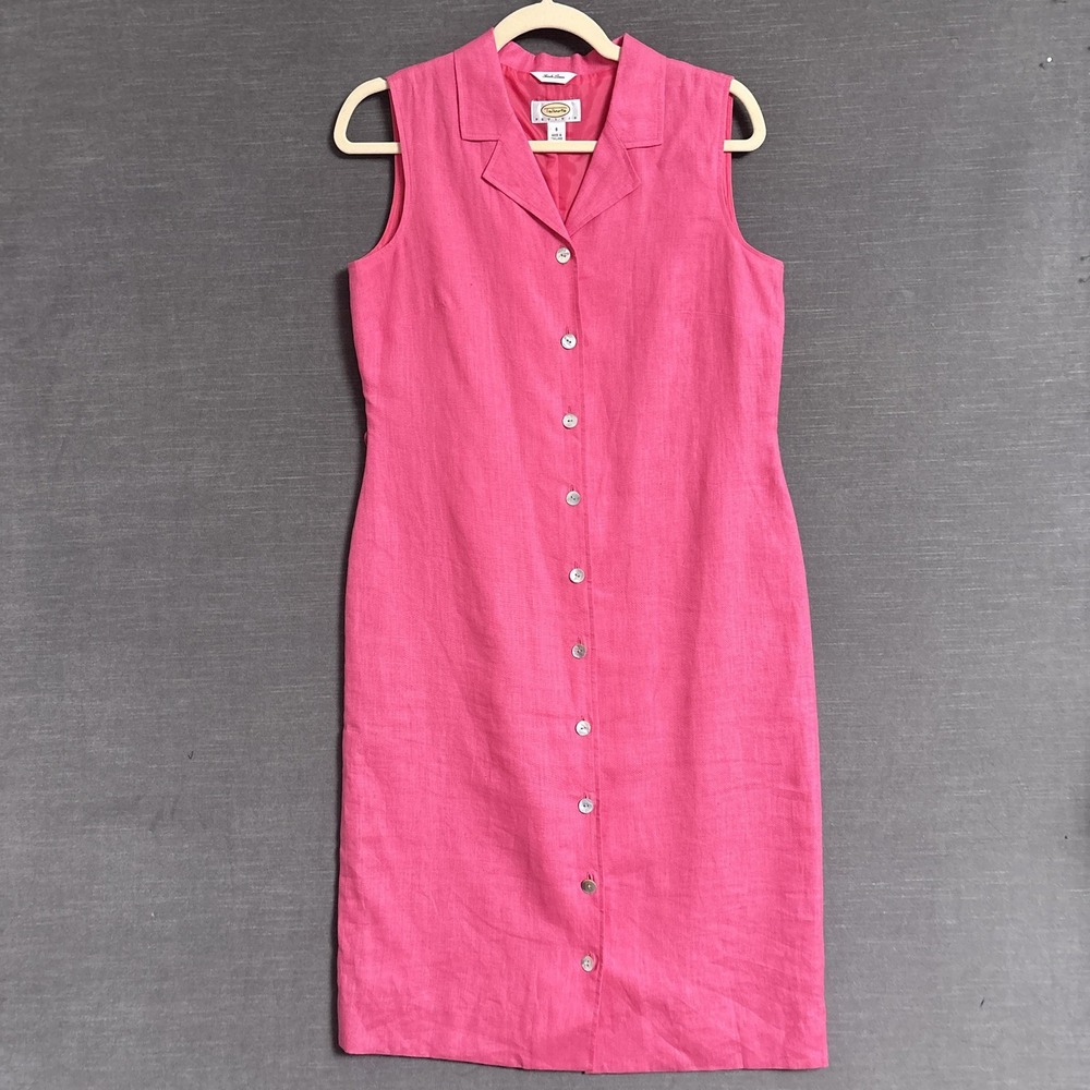 Vintage‎ Talbots Dress 8 Petite Pink Irish Linen Button Sleeveless Sheath Easter